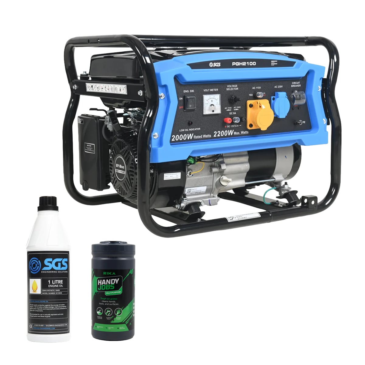 SGS 2.1kW Heavy Duty Portable Petrol Generator Bundle with Oil & Multipurpose Wipes